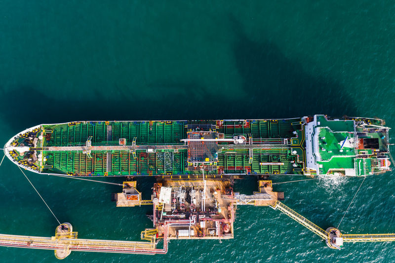 High angle view of ship oil and gas  moored at harbor
