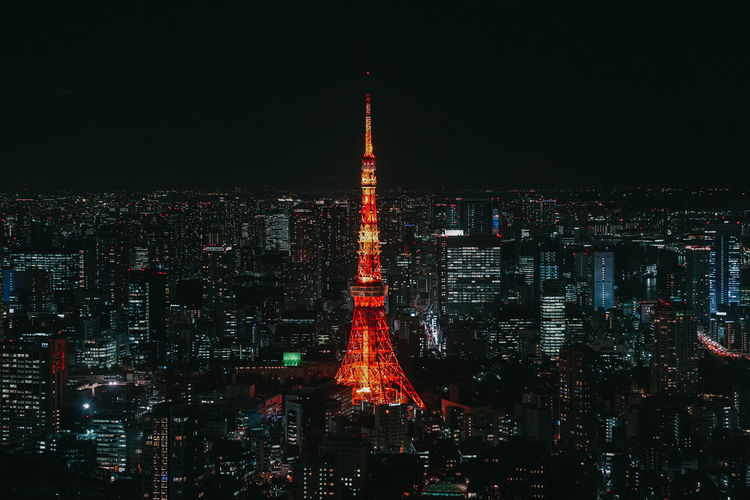 Night view of tokyo tower, tokyo city skyline, tokyo, japan