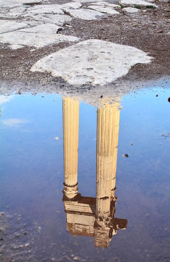 High angle view of wooden post in puddle