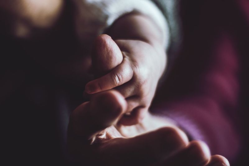 Close-up of baby and father holding hands