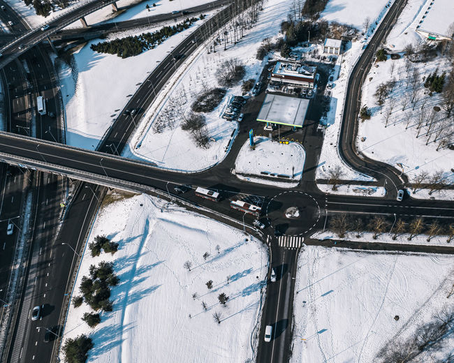 Gas station and intersection from aerial perspective in vilnius, lithuania