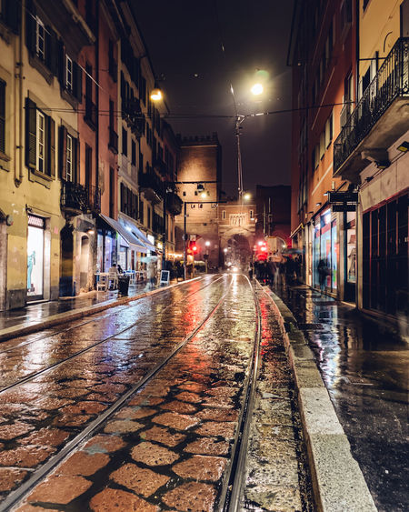 Wet street in city at night