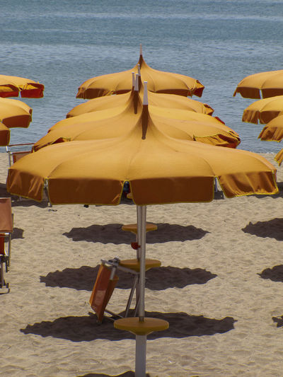 Lounge chairs and parasols on beach