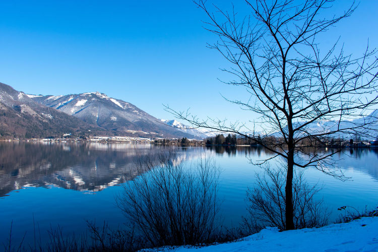 Scenic view of lake by snowcapped mountains against blue sky