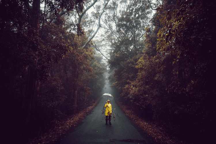 Man with umbrella standing on road amidst trees