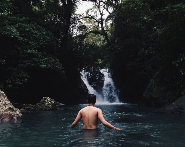 Rear view of shirtless man against waterfall at forest
