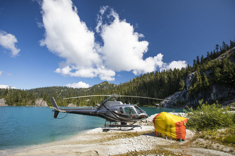 Helicopter patrons test out emergency shelter tent.
