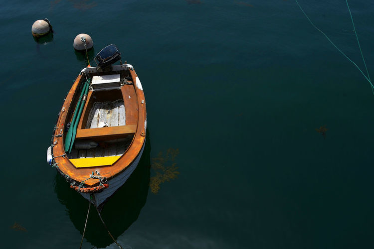 High angle view of boat moored in sea