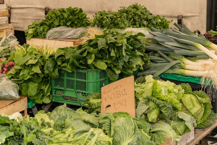 Close-up of various vegetables for sale at market stall