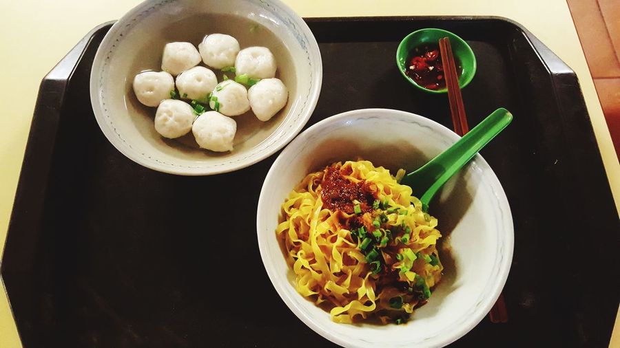 High angle view of food in bowl on table