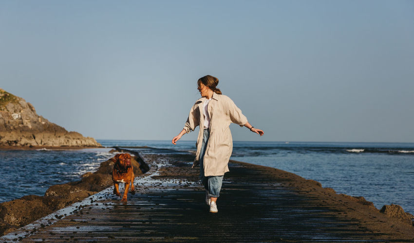 Female in casual clothes and big brown mastiff dog looking at each other while walking along wet wooden pier against calm bay water under blue sky in spain
