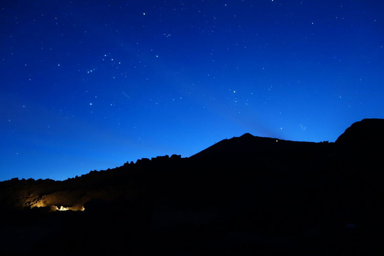 Silhouette mountains against clear blue sky at night