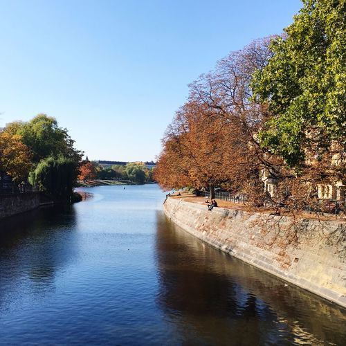 Scenic view of river against clear sky during autumn
