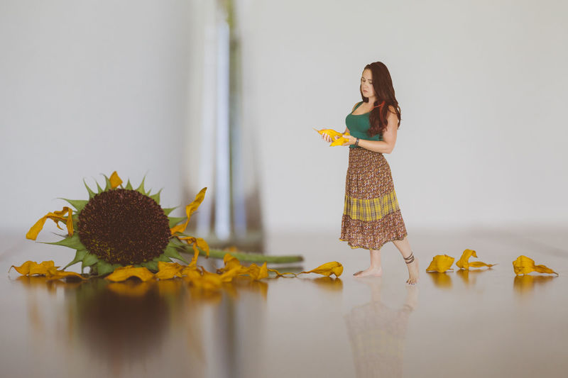 Digital composite image of woman holding sunflower petals