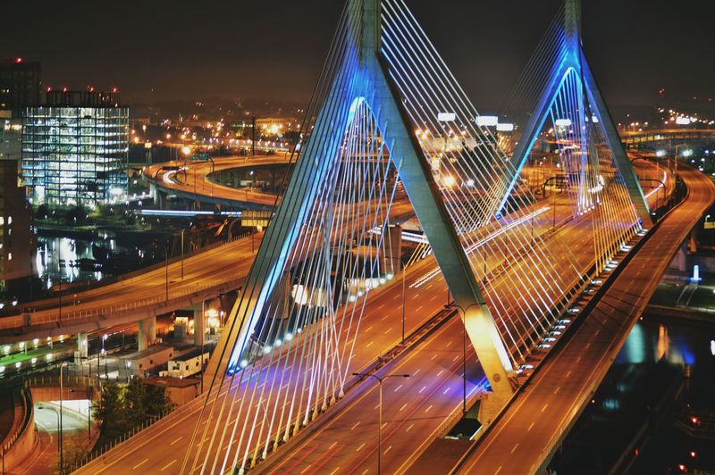 High angle view of illuminated zakim bridge at night