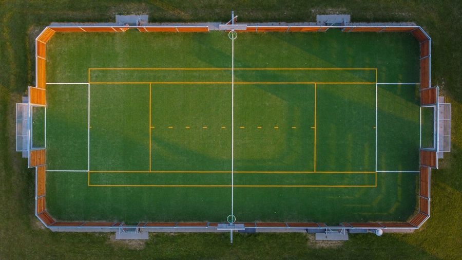 High angle view of soccer land