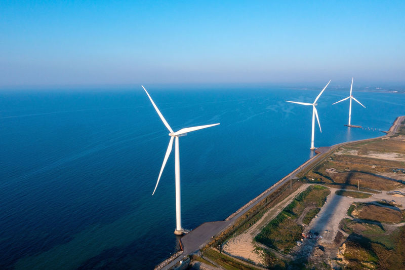 Aerial view of the wind turbines. green ecological power energy generation.