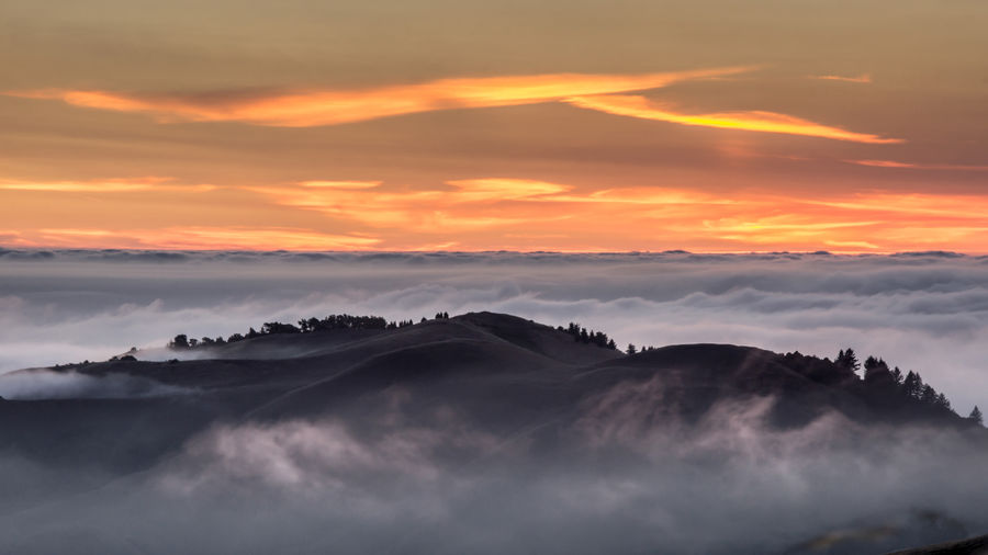 Sunset above the clouds. fog covering the pacific ocean as seen from russian ridge osp