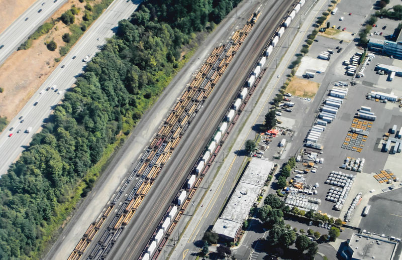 High angle view of vehicles on road in city