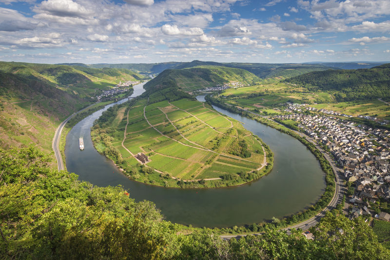 Landscape and scenic view from calmont hiking trail to moselle loop and village of bremm, germany