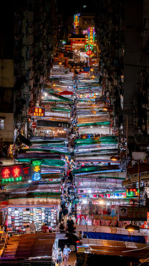 High angle view of illuminated market at night