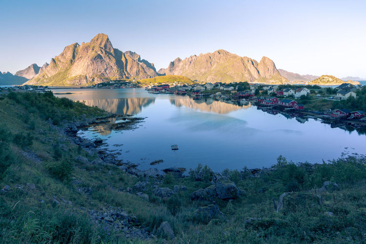 Village of reine in lofoten in the golden hour during sunset. rocks and the village reflect in water
