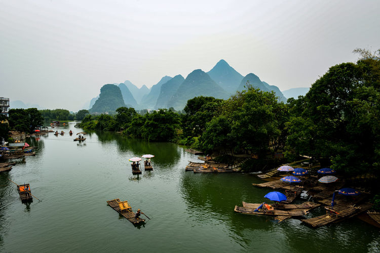 Yangshuo landscape with river and rafts 