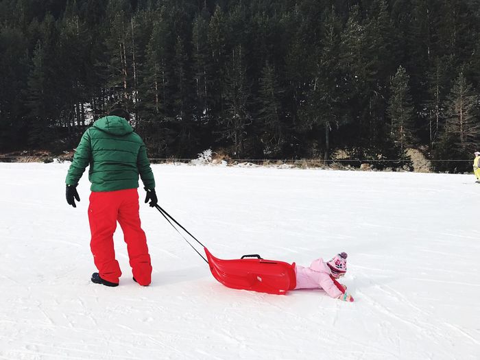 Rear view of father and son on snow