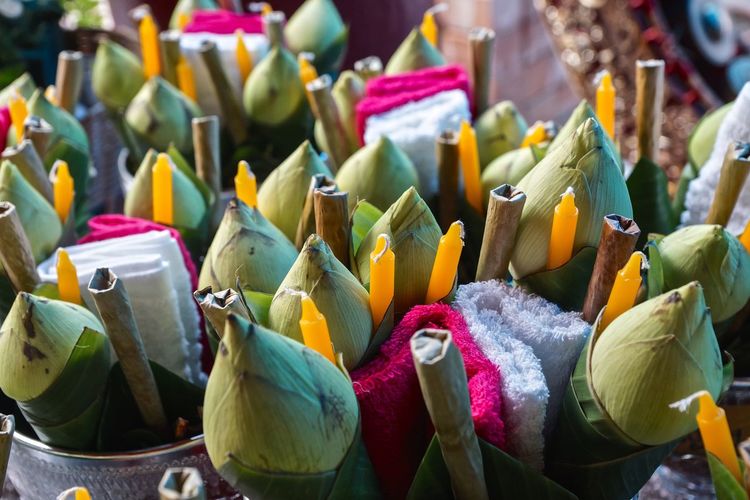 Religious offering of banana leaves ready to float for loi krathong festivals