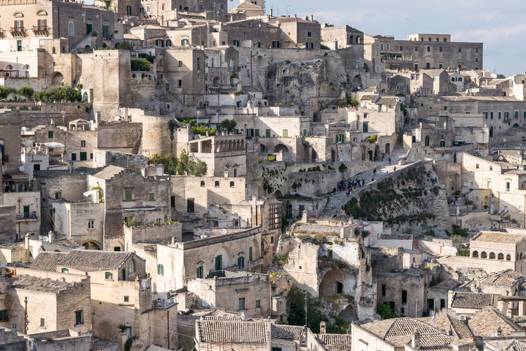 High angle view of buildings in city of matera, italy