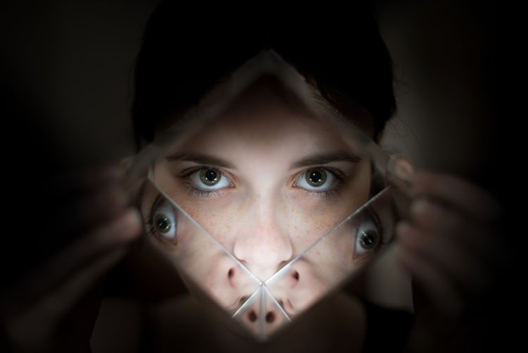 Adult Adults Only Black Background Close-up Day Headshot Human Body Part Human Eye Indoors Looking At Camera Mirror One Person One Woman Only People Portrait Young Adult