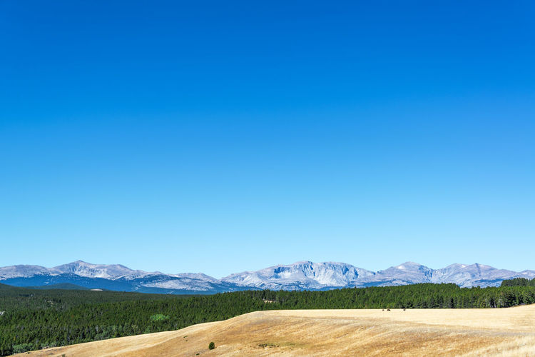 Scenic view of landscape and mountains against clear blue sky at bighorn mountains