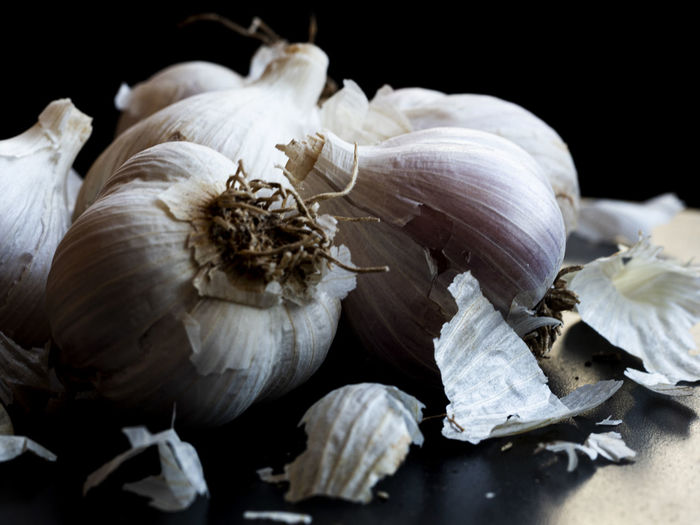 Few garlic heads on dark background