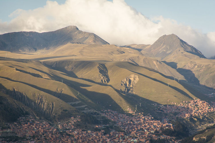 Scenic view of mountains against cloudy sky