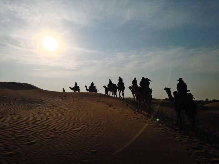 People riding on camels on sand dunes in desert
