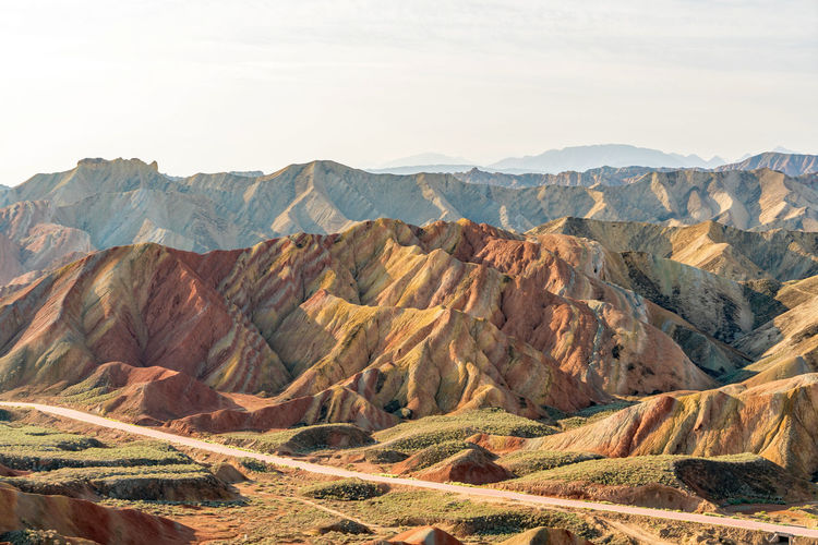 Scenic view of colorful mountains at zhangye national geopark