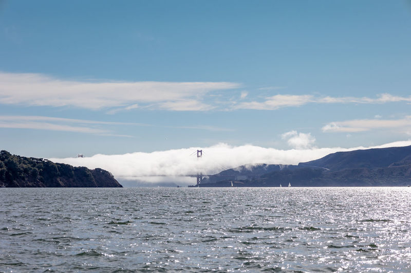 Scenic view of sea against sky with golden gate bridge