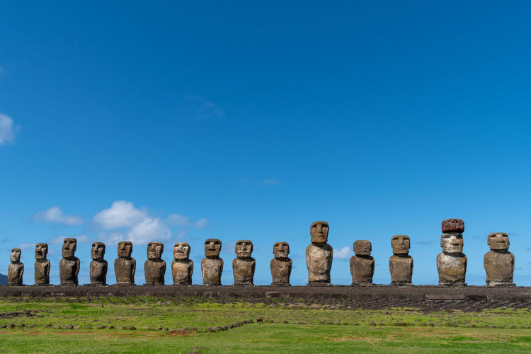 Ahu tongariki is the largest platform on easter island with fifteen restored moais or human figures