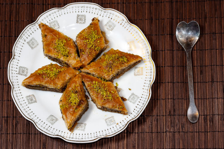 High angle view of dessert in plate on table