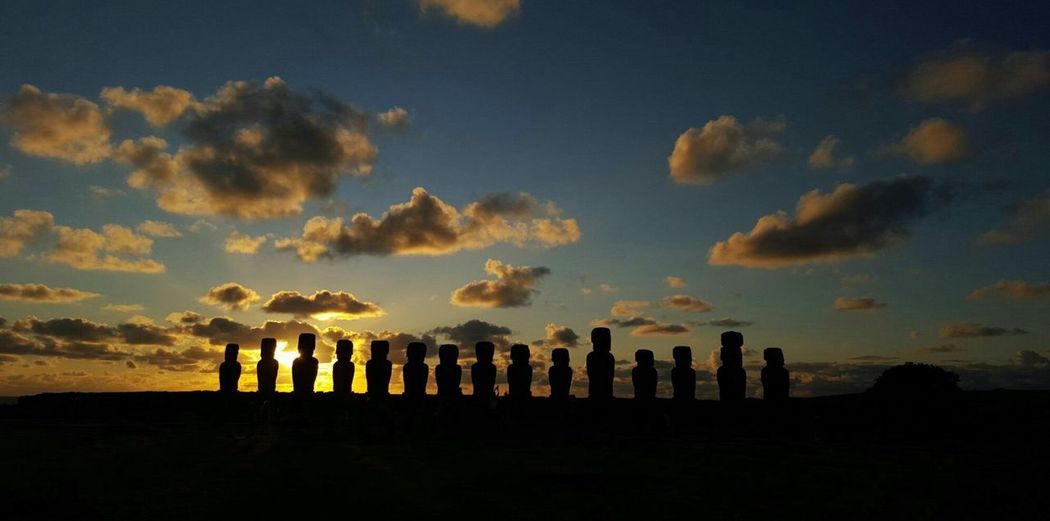 Silhouette of ahu tongariki during sunset in easter island