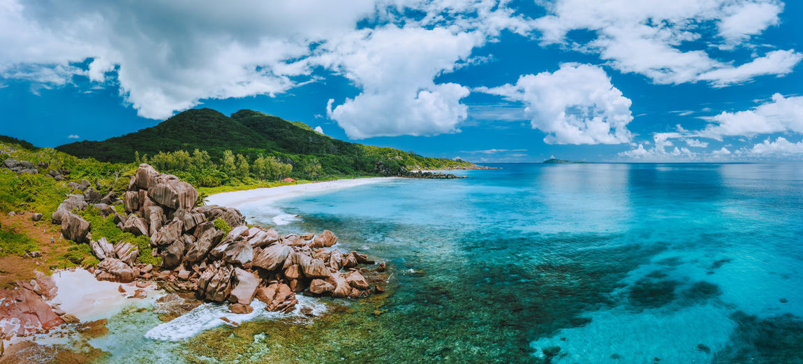 Panoramic view of sea and rocks against sky