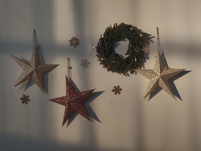 Close-up of christmas decoration hanging against wall