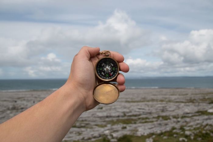 Cropped image of hand holding compass against sky