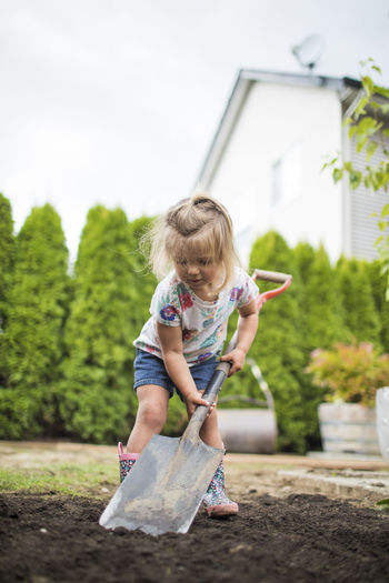 Cute blonde toddler using shovel in her backyard.