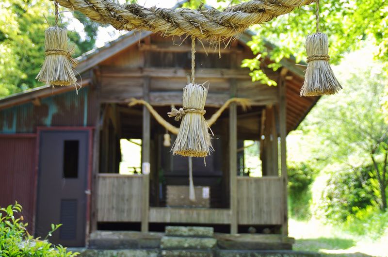 Braided rope decoration with temple in background