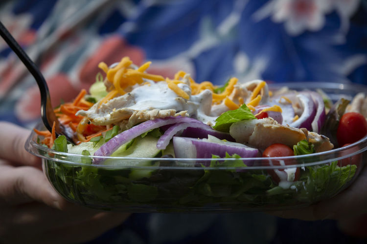 Grilled chicken salad with cucumbers, carrots, purple onion, cherry tomatoes, and cheddar cheese