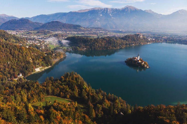 High angle view of lake amidst mountains