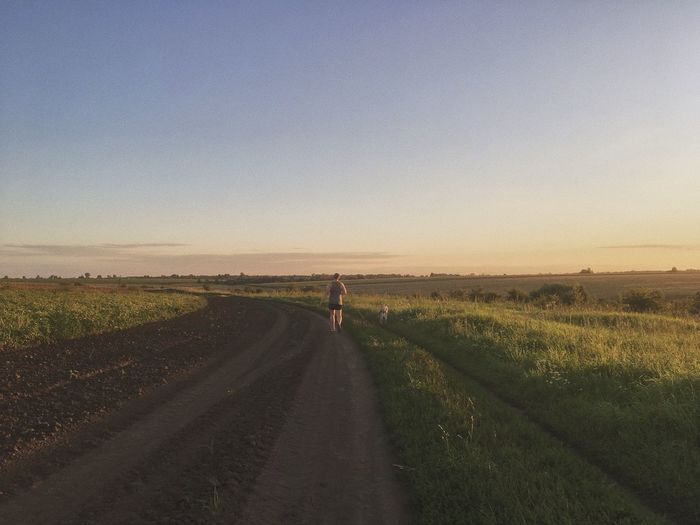 A man walking in a field with his dog. summer 2020, russia