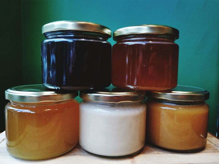 Close-up of drink in glass jar on table