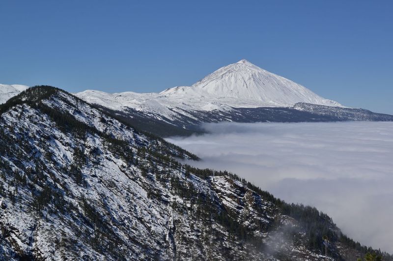 Scenic view of snowcapped teide against clear blue sky